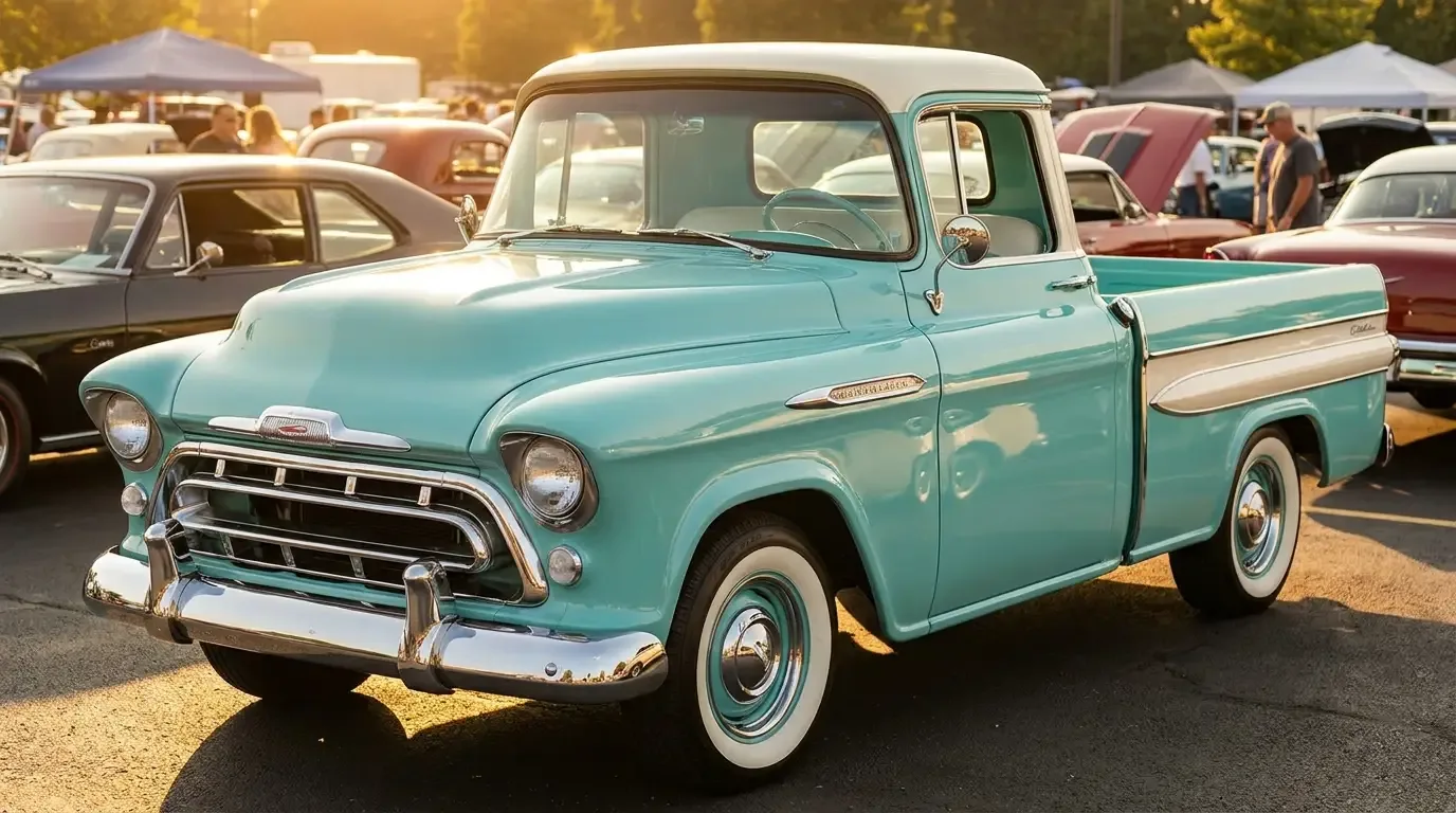 Two-tone 1950s American pickup with chrome grille and wraparound windshield at a classic car show in warm golden light