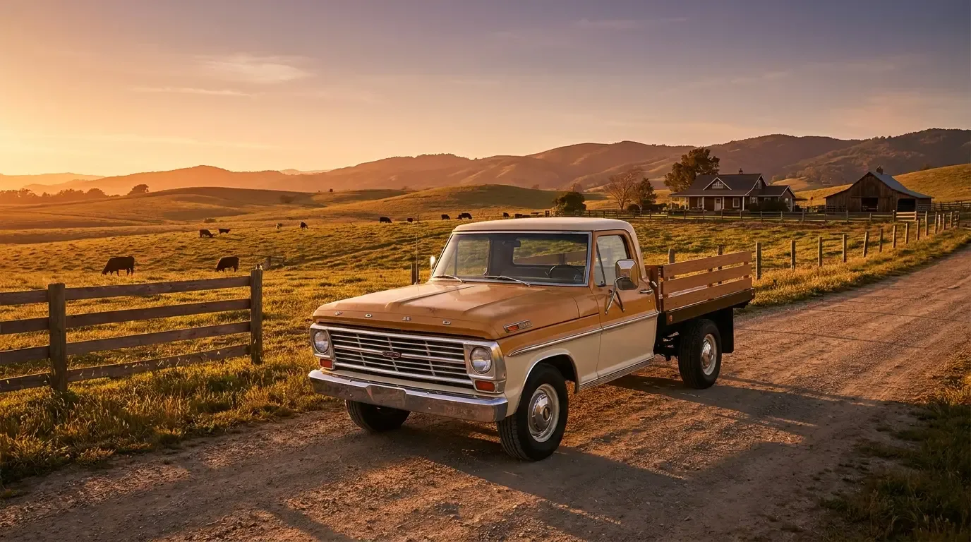 A clean, restored 1960s American pickup truck parked on a scenic country road beside a ranch at golden hour