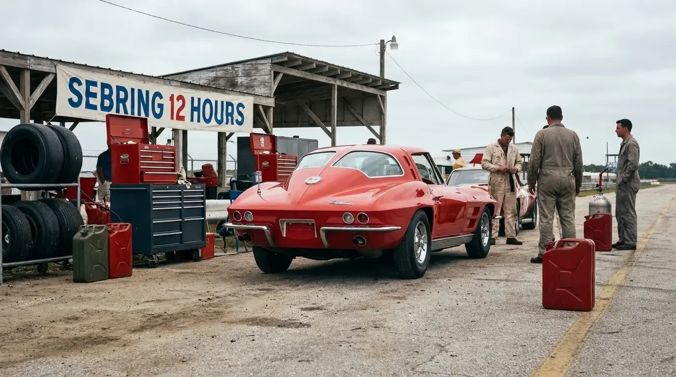 1963 Chevrolet Corvette Sting Ray Z06 coupe in Riverside Red parked at a racing circuit paddock, split rear window visible from a dramatic low angle