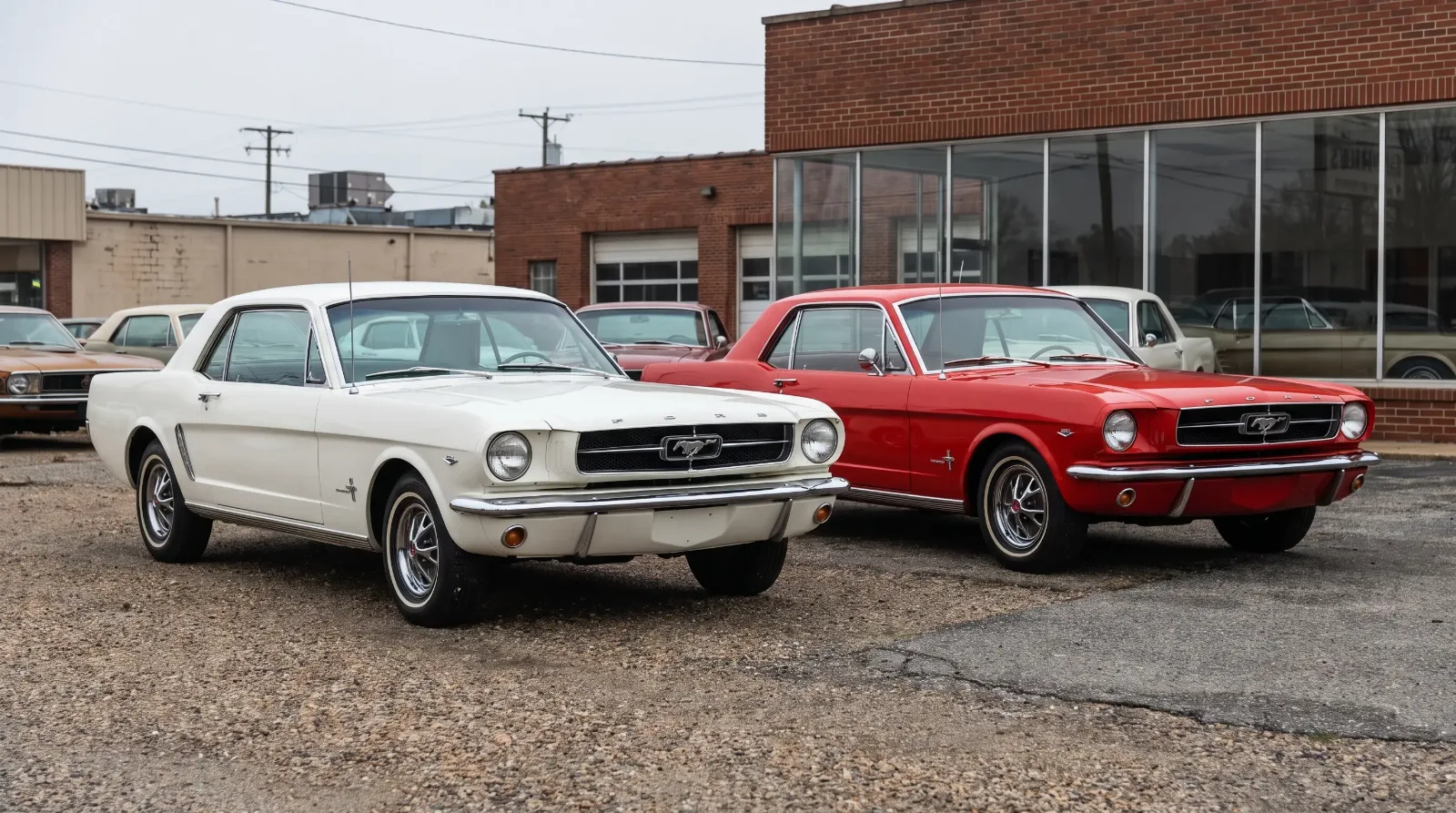 Two early Ford Mustang coupes at a vintage dealership