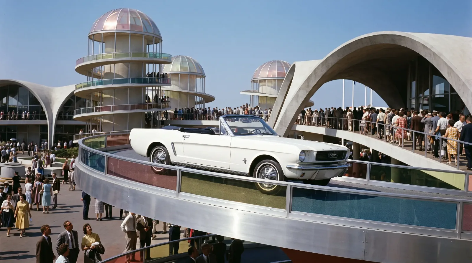 1964 Ford Mustang convertible at a World's Fair pavilion