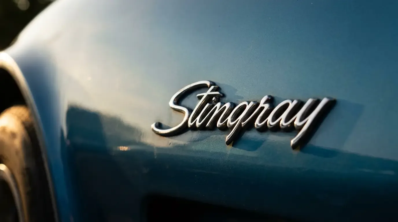 Close-up detail of the 1969 Chevrolet Corvette Stingray front fender badge showing the single-word chrome Stingray emblem with dramatic side lighting