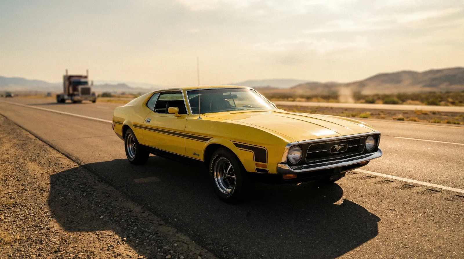 1972 Ford Mustang SportsRoof fastback on a highway