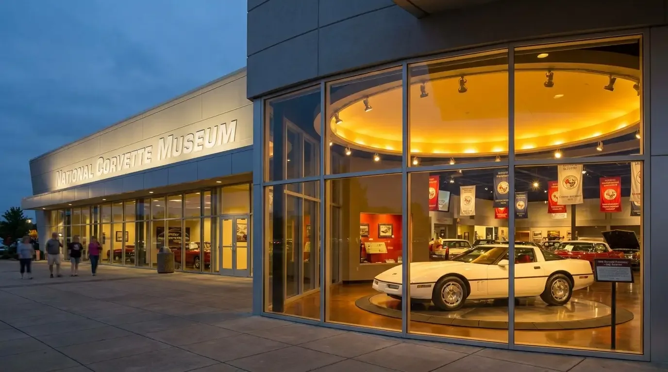 The National Corvette Museum in Bowling Green, Kentucky with the sole surviving pre-production 1983 C4 Corvette prototype on display under museum lighting