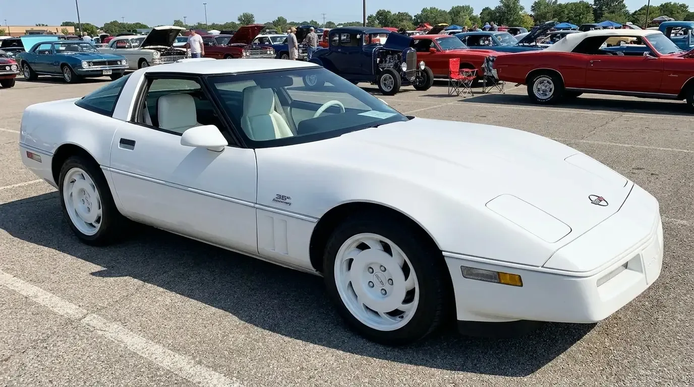 1988 Chevrolet Corvette 35th Anniversary Triple White edition in all-white Arctic White paint with white aluminum wheels at a car show