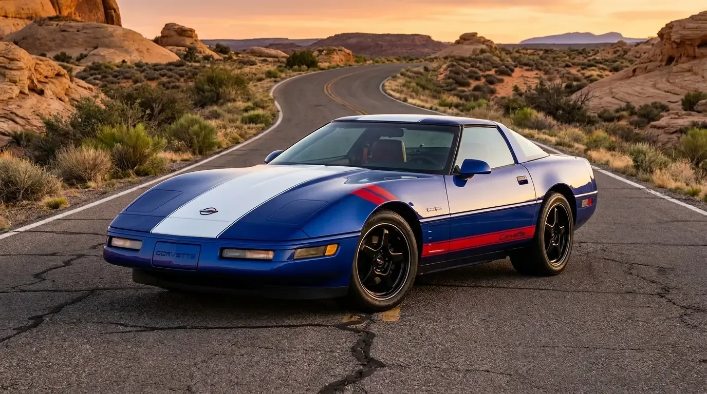 1996 Chevrolet Corvette Grand Sport in Admiral Blue with white hash marks on front fenders and red rocker stripe on an open road