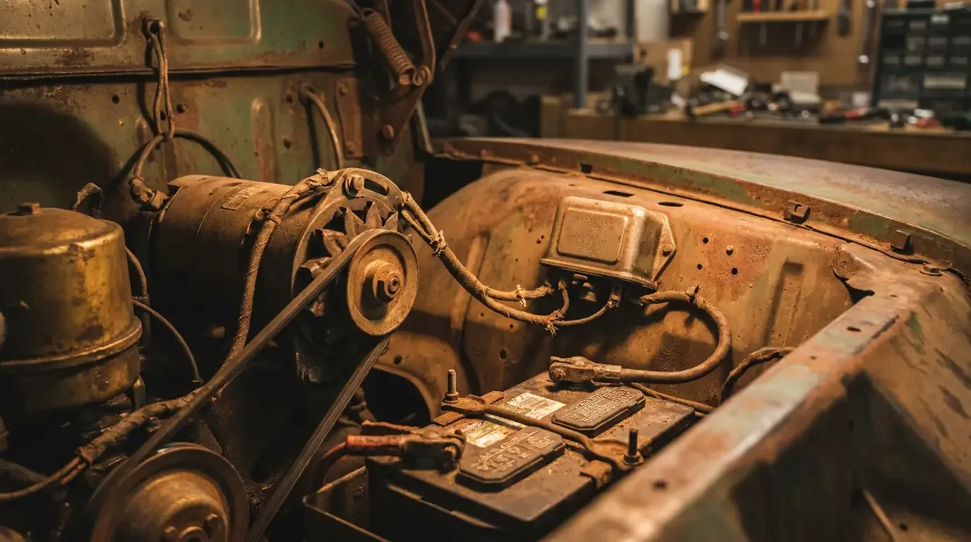 Close-up of a vintage classic truck engine bay showing the old generator, mechanical voltage regulator, and cloth-wrapped wiring harness under warm garage lighting