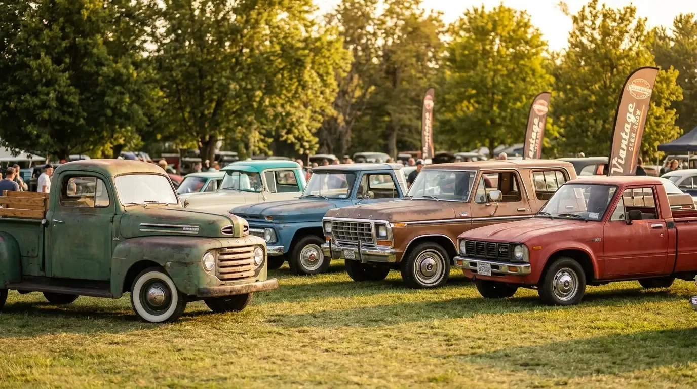 A lineup of vintage American pickup trucks from the 1940s through the 1980s parked side by side on a showground, showing the evolution of the pickup across the decades.