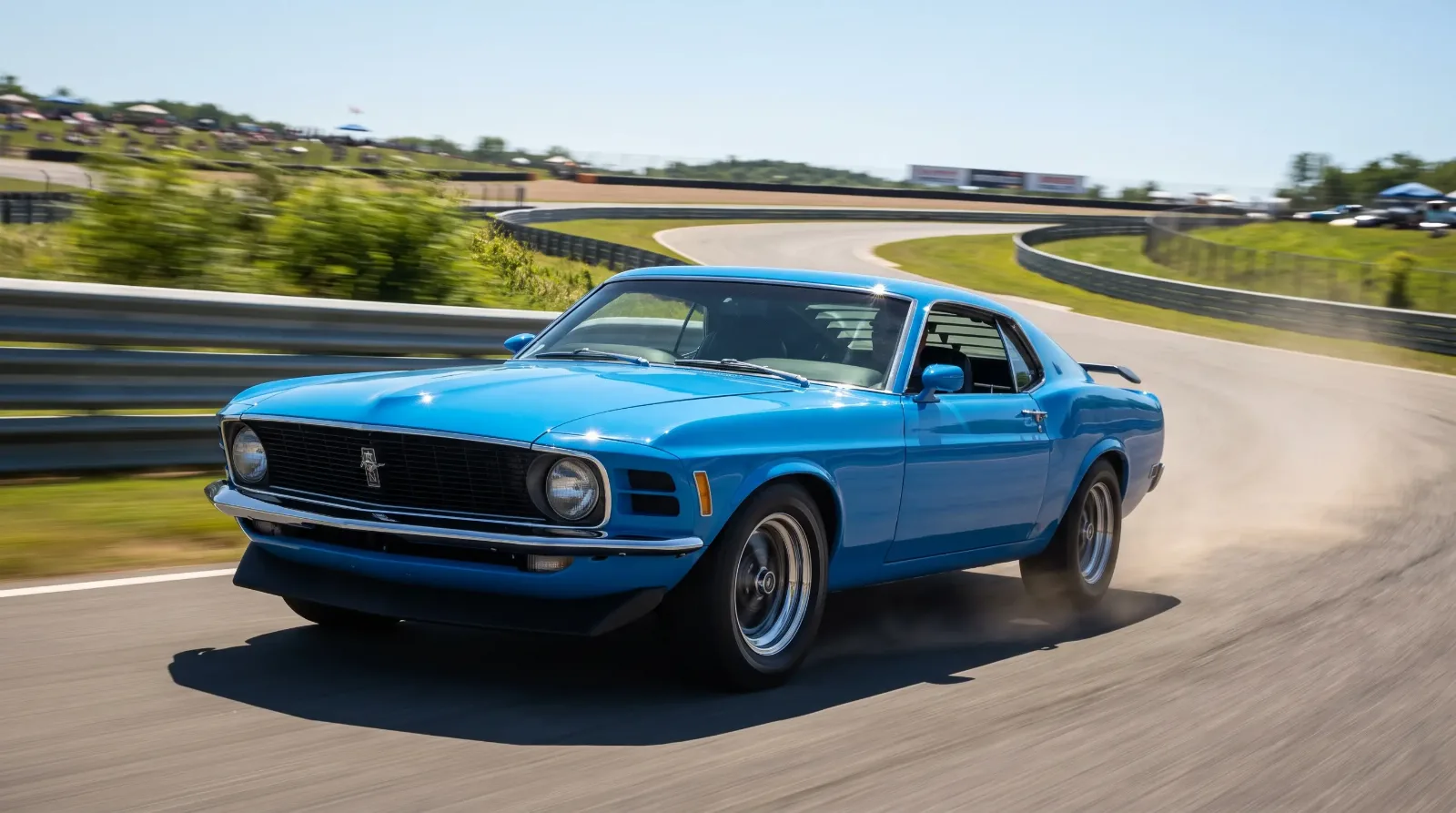 1970 Boss 302 Mustang in Grabber Blue on a race circuit