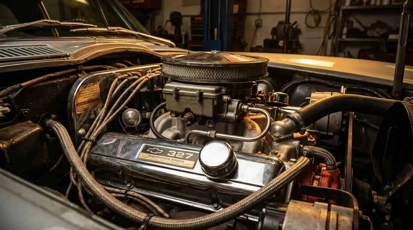 Engine bay of a C2 Corvette Sting Ray showing the Rochester fuel injection unit on the 327 V8 alongside triple two-barrel carburetors on the intake manifold