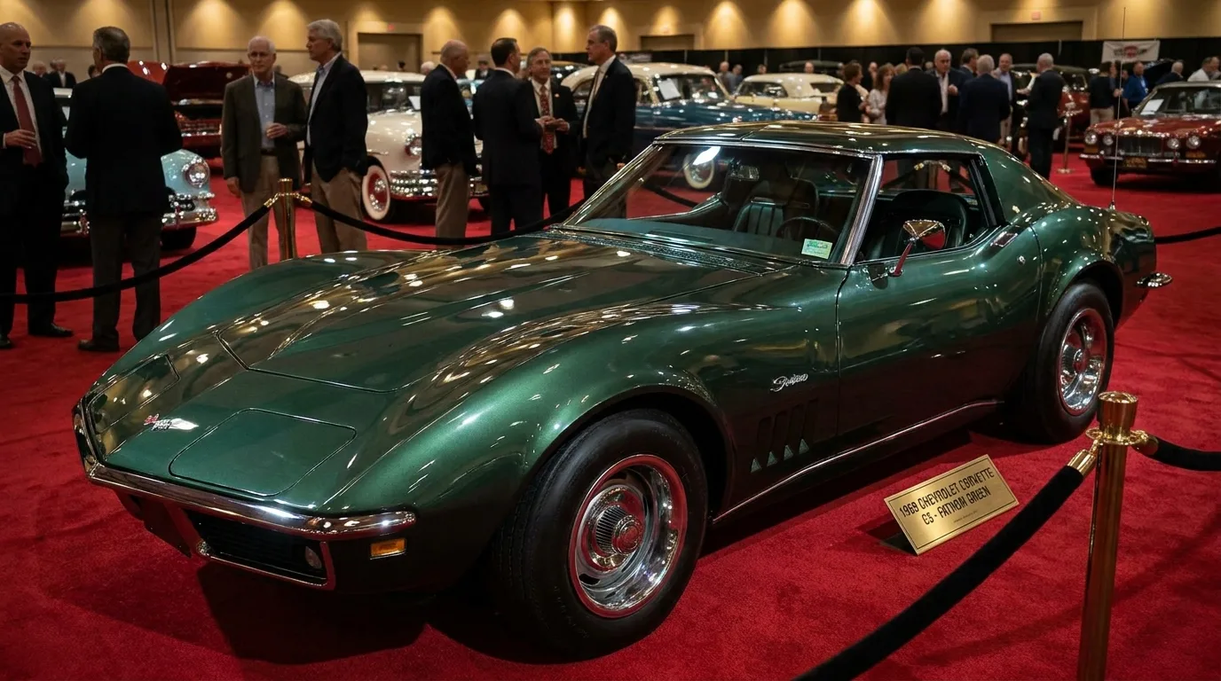 1969 Chevrolet Corvette C3 in Fathom Green at a classic car show, gleaming in concours condition under show lights