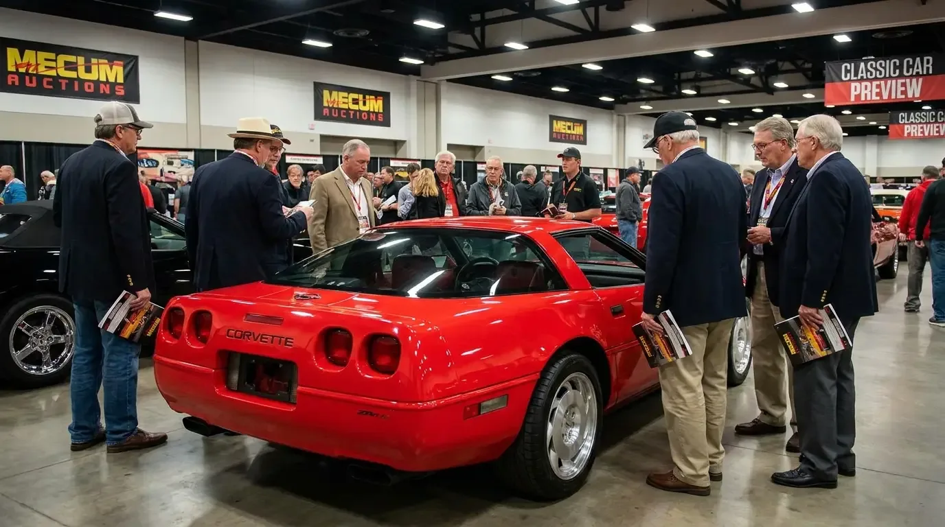 1990 Chevrolet Corvette ZR-1 C4 at a classic car auction preview showing the wide rear haunches and distinctive squared tail with potential buyers examining the car