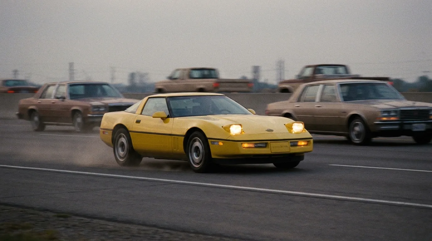 1986 Chevrolet Corvette C4 in yellow on an American highway, symbolizing the C4 performance revival from the malaise era