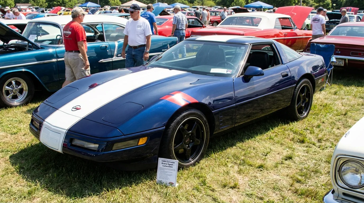 1996 Chevrolet Corvette C4 Grand Sport in Admiral Blue with white stripe at a car show, the last C4 now a rising collectible