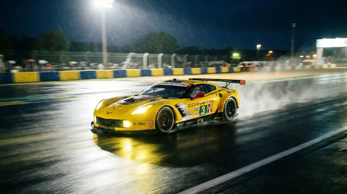 Corvette C5-R racing car in yellow Corvette Racing livery at full speed on the Circuit de la Sarthe during the 24 Hours of Le Mans at night
