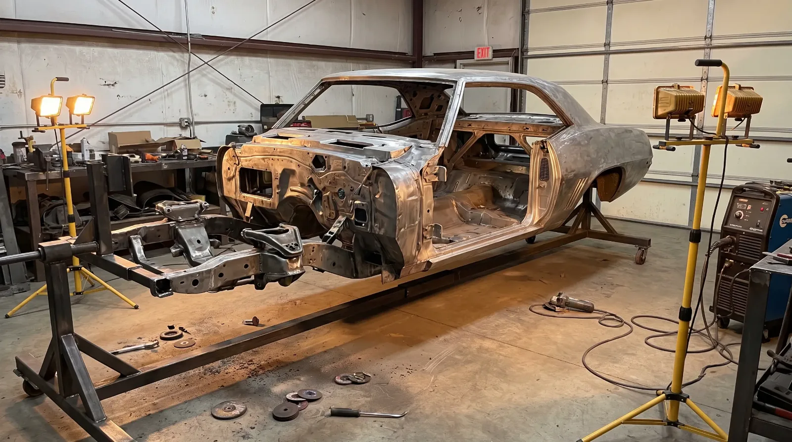 Camaro bare shell on a rotisserie