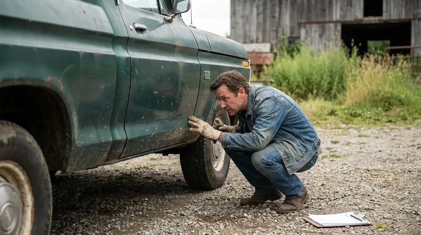 A buyer crouching beside an affordable classic pickup in a farm yard, checking the lower rocker panel for rust during a buying inspection