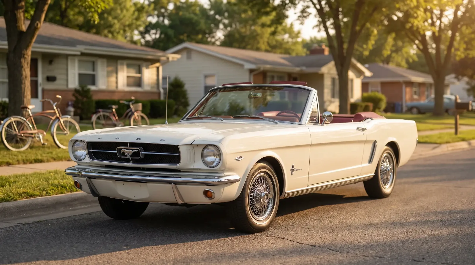 Classic 1965 Ford Mustang convertible on a sunlit street