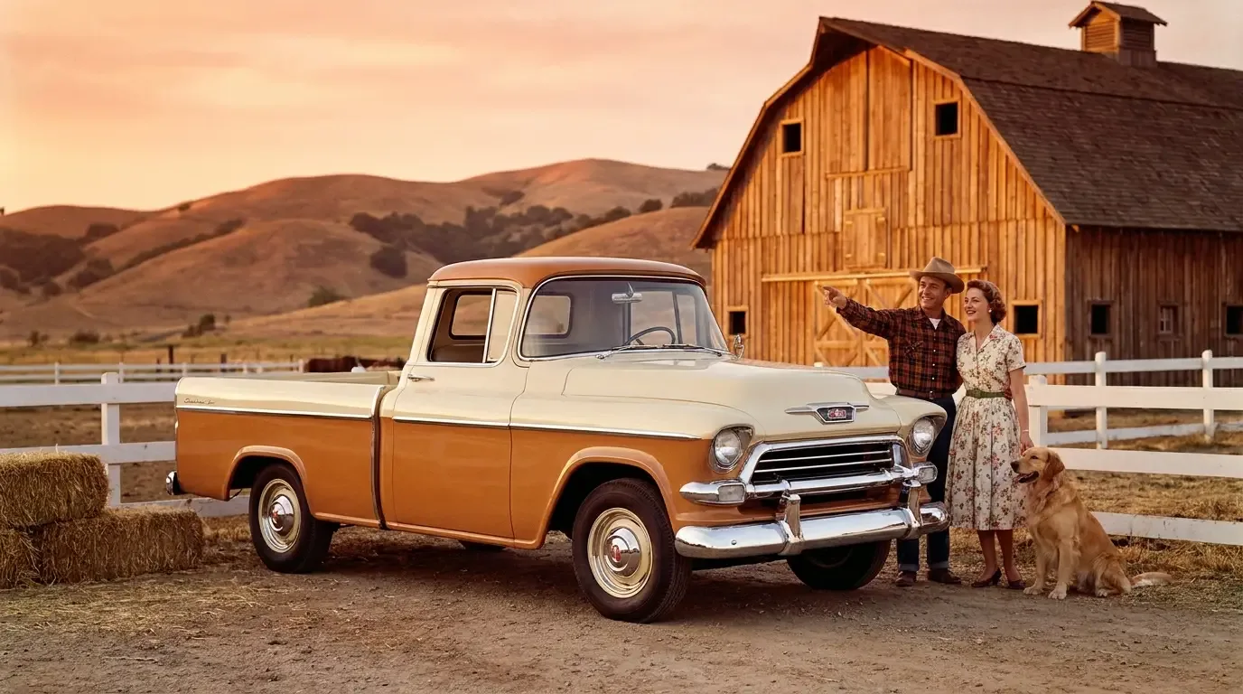 A gleaming classic pickup truck posed like a 1950s-60s magazine advertisement at an idealized ranch during golden hour, warm nostalgic palette