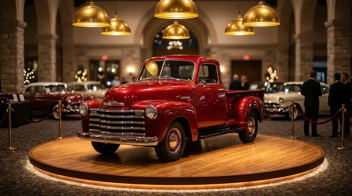 A pristine collectible classic American pickup truck under warm spotlights on a raised platform at an indoor collector-car auction showcase