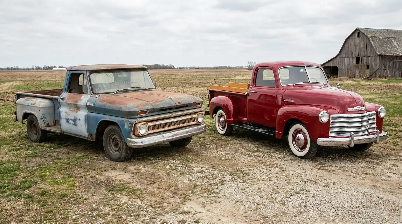 A rough classic project pickup with faded paint and rust parked beside a flawless concours-restored pickup, showing the classic truck condition grade spectrum.