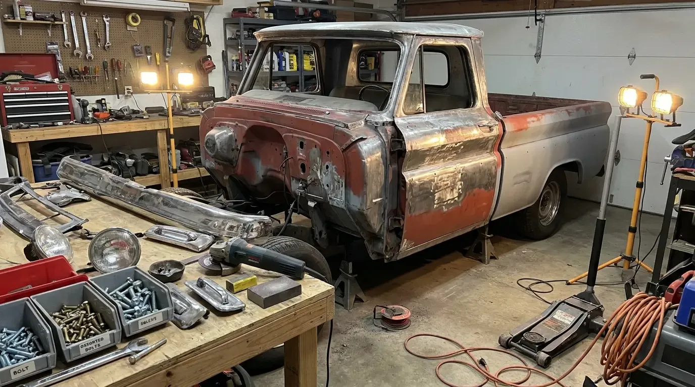 Classic half-ton pickup truck mid-restoration in a workshop, body in bare metal and primer with removed parts and tools laid out