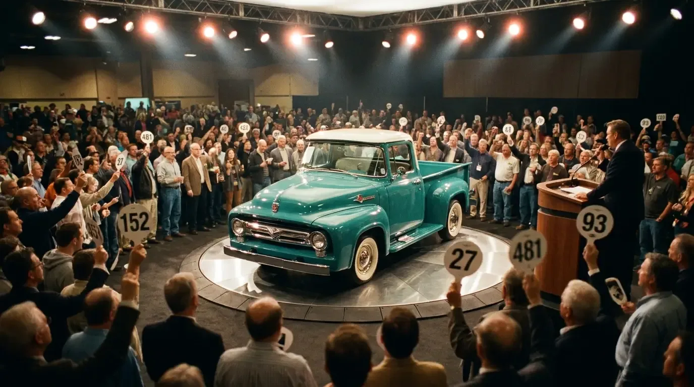 A classic pickup truck on the auction block under bright lights as a crowd of bidders raises paddles