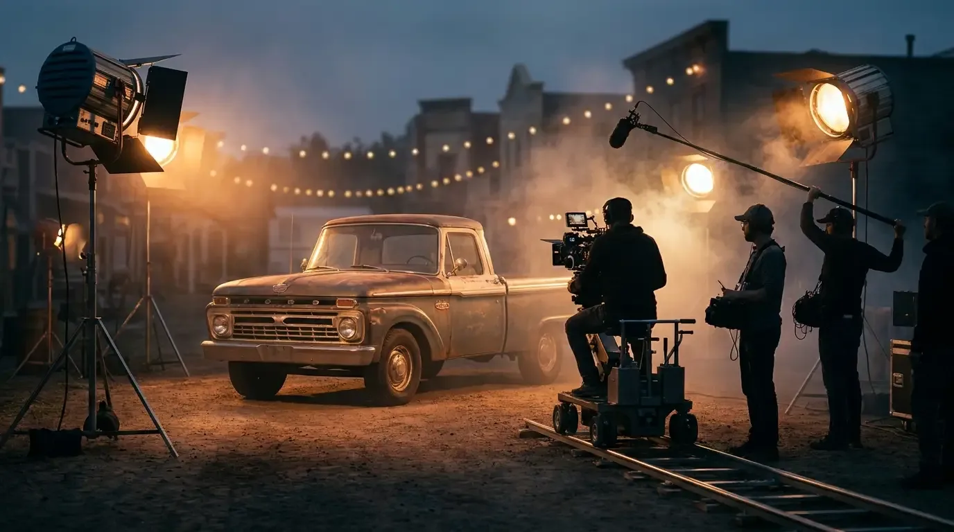 A classic American pickup truck lit by movie lights on a Hollywood backlot, with film crew silhouettes and a camera rig in the foreground