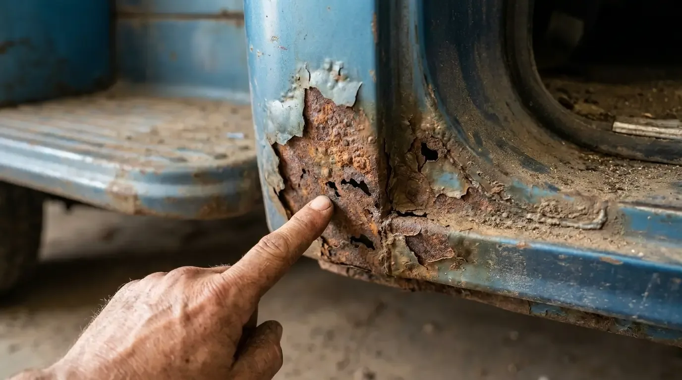 Close-up of severe rust and bubbling paint on the lower cab corner and rocker panel of a vintage pickup, with a hand pointing at the corroded metal