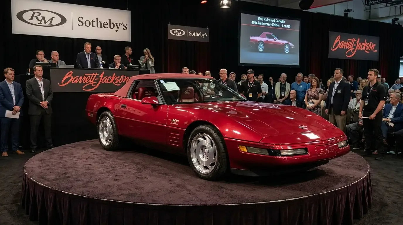 1993 Ruby Red Corvette C4 40th Anniversary Edition on a show car turntable under spotlights at a classic car show