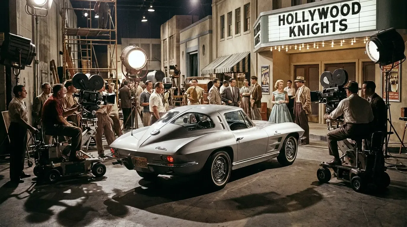 1963 Corvette Sting Ray split-window coupe on a 1960s Hollywood film studio backlot surrounded by film cameras and crew during a golden age movie production