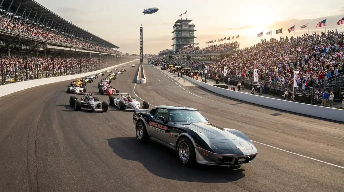 Black and silver 1978 Corvette pace car leading the Indianapolis 500 field into turn one with packed grandstands and American flags waving