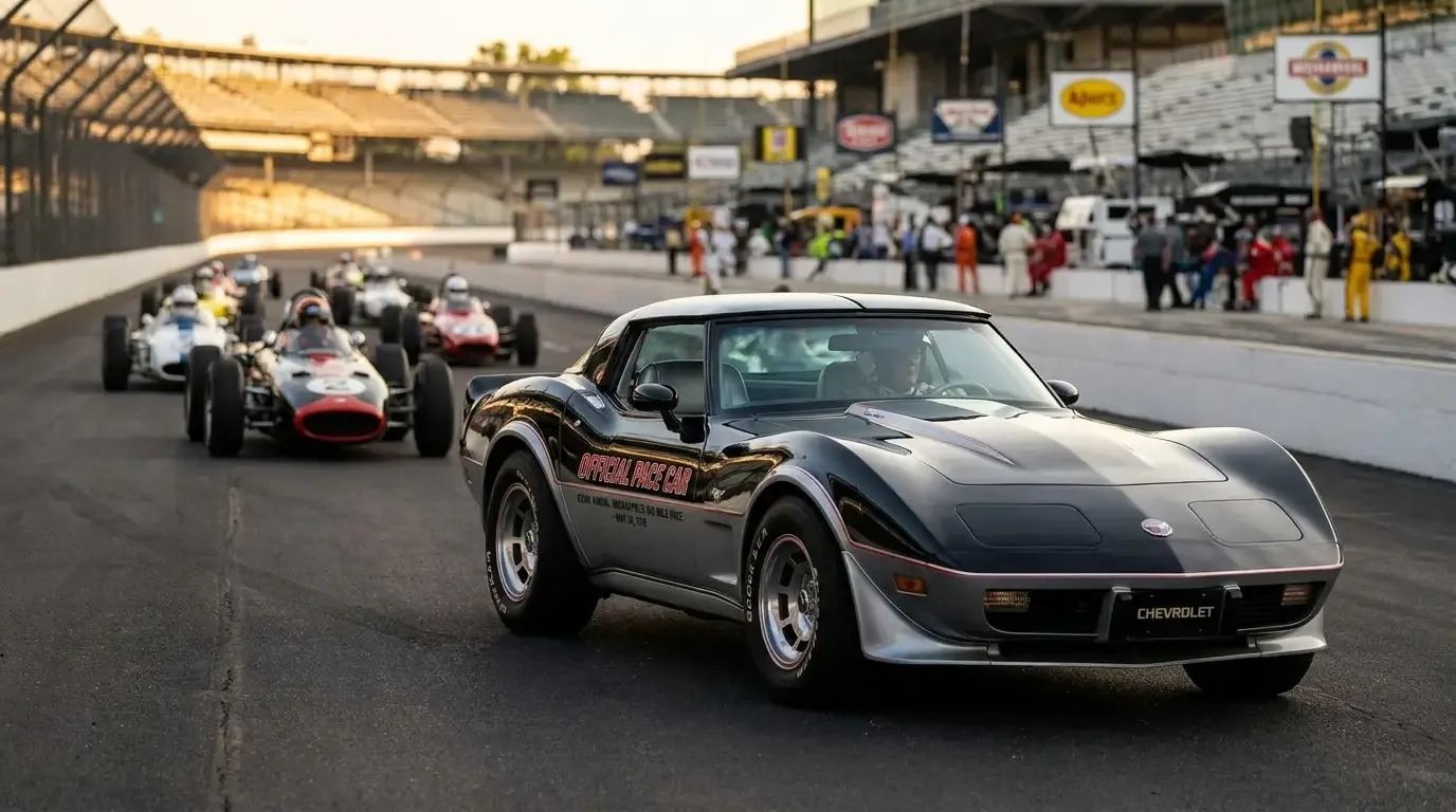 1978 Chevrolet Corvette C3 pace car replica in black and silver leading the field at Indianapolis Motor Speedway