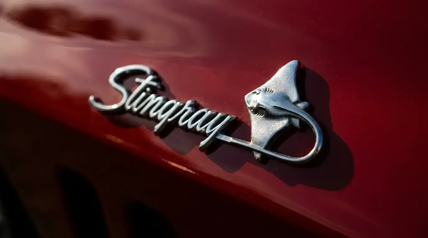Close-up detail of the Stingray chrome badge and emblem on a 1963 Chevrolet Corvette C2 against deep red paint with dramatic side lighting