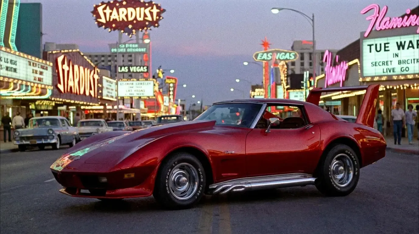 Custom 1973 Chevrolet Corvette C3 from the 1978 film Corvette Summer in candy apple red with raked nose extension and high rear spoiler against a Las Vegas neon backdrop