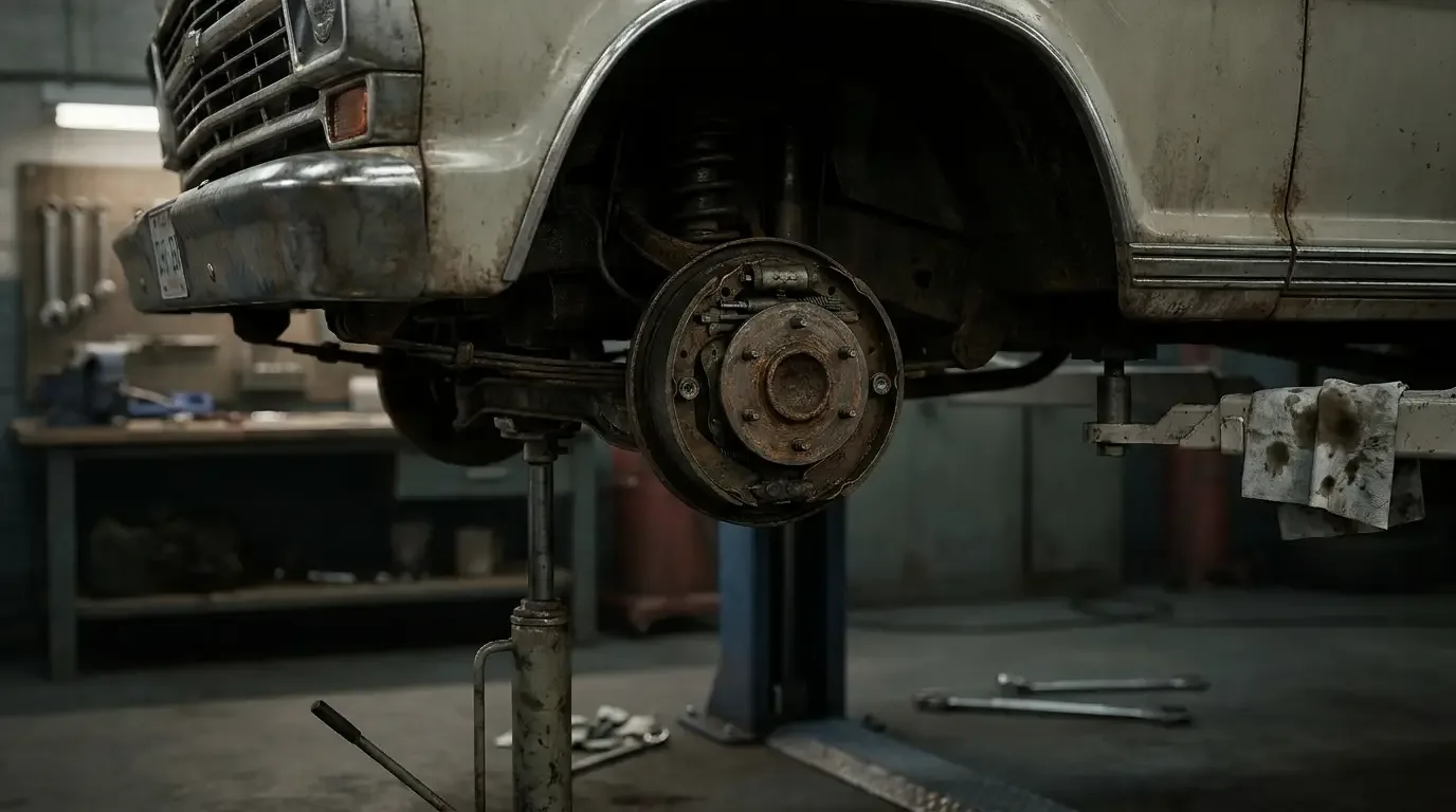 Front wheel removed from a classic pickup truck on a shop lift, exposing the brake assembly with the rotor and caliper visible