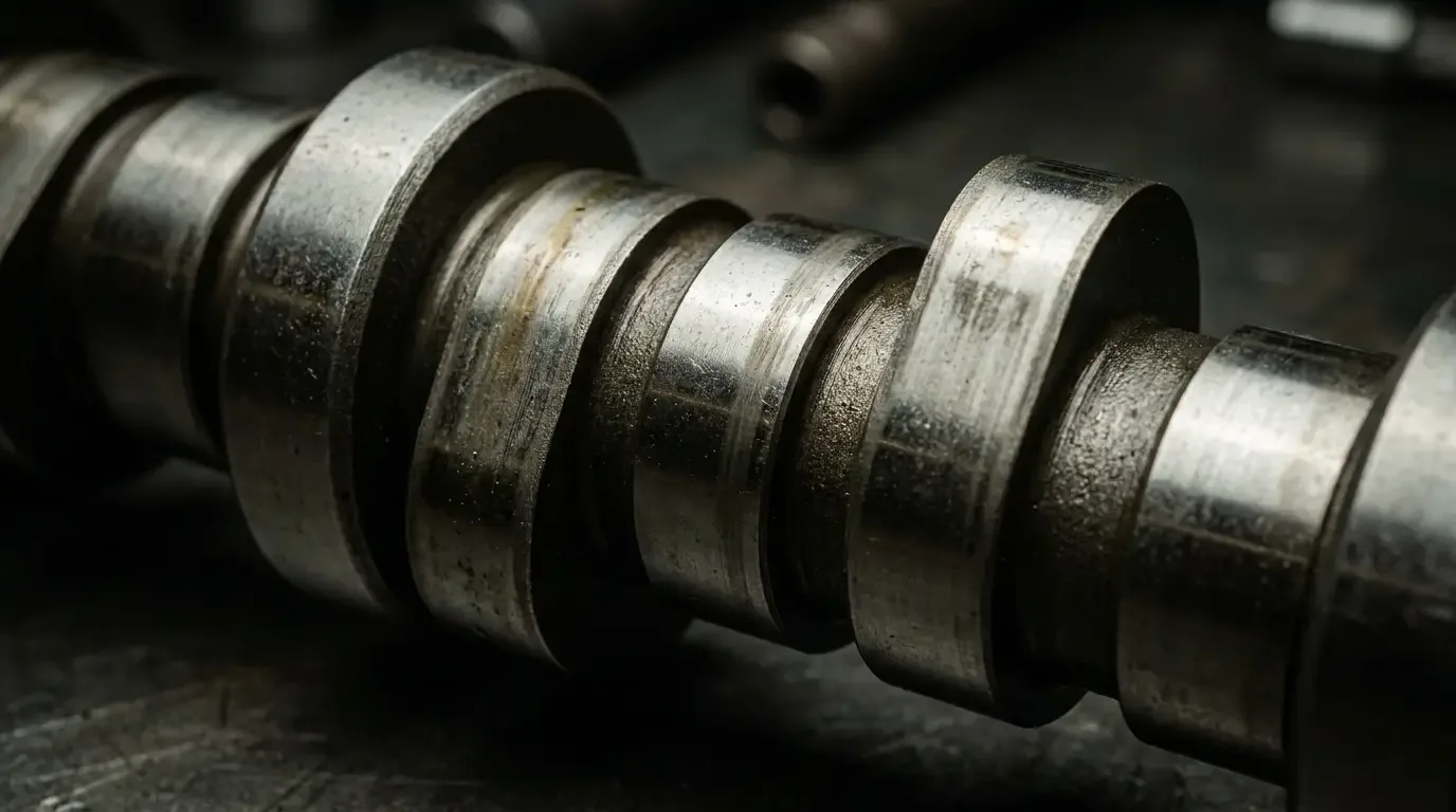 Extreme close-up macro detail of a Duntov solid-lifter camshaft from a 1956 Chevrolet small-block V8 showing cam lobes and lifters under dramatic studio lighting