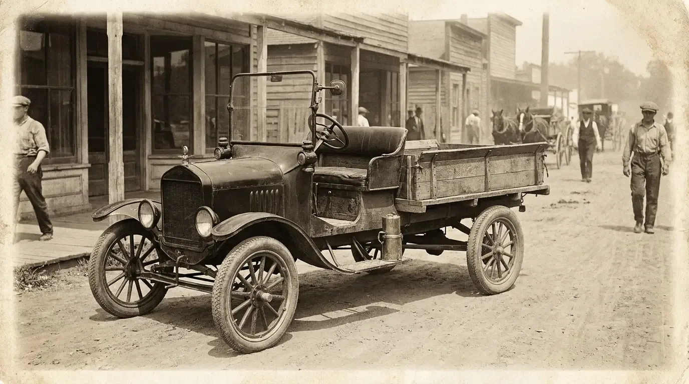 An early-1920s American factory pickup truck with an open cab and wooden bed, parked on a dirt street in sepia-toned period photography