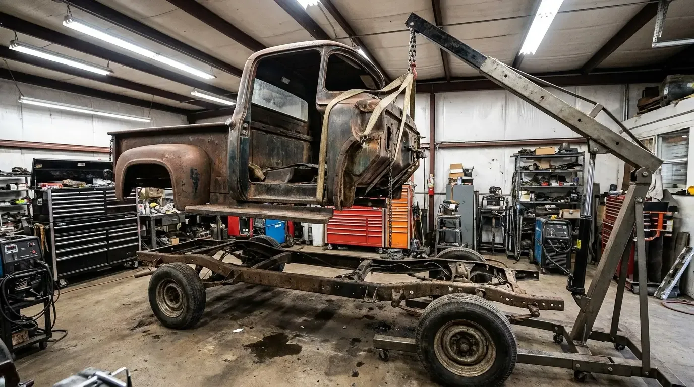 Classic pickup truck body lifted off its bare rolling chassis on a hoist in a restoration shop, the defining frame-off restoration moment