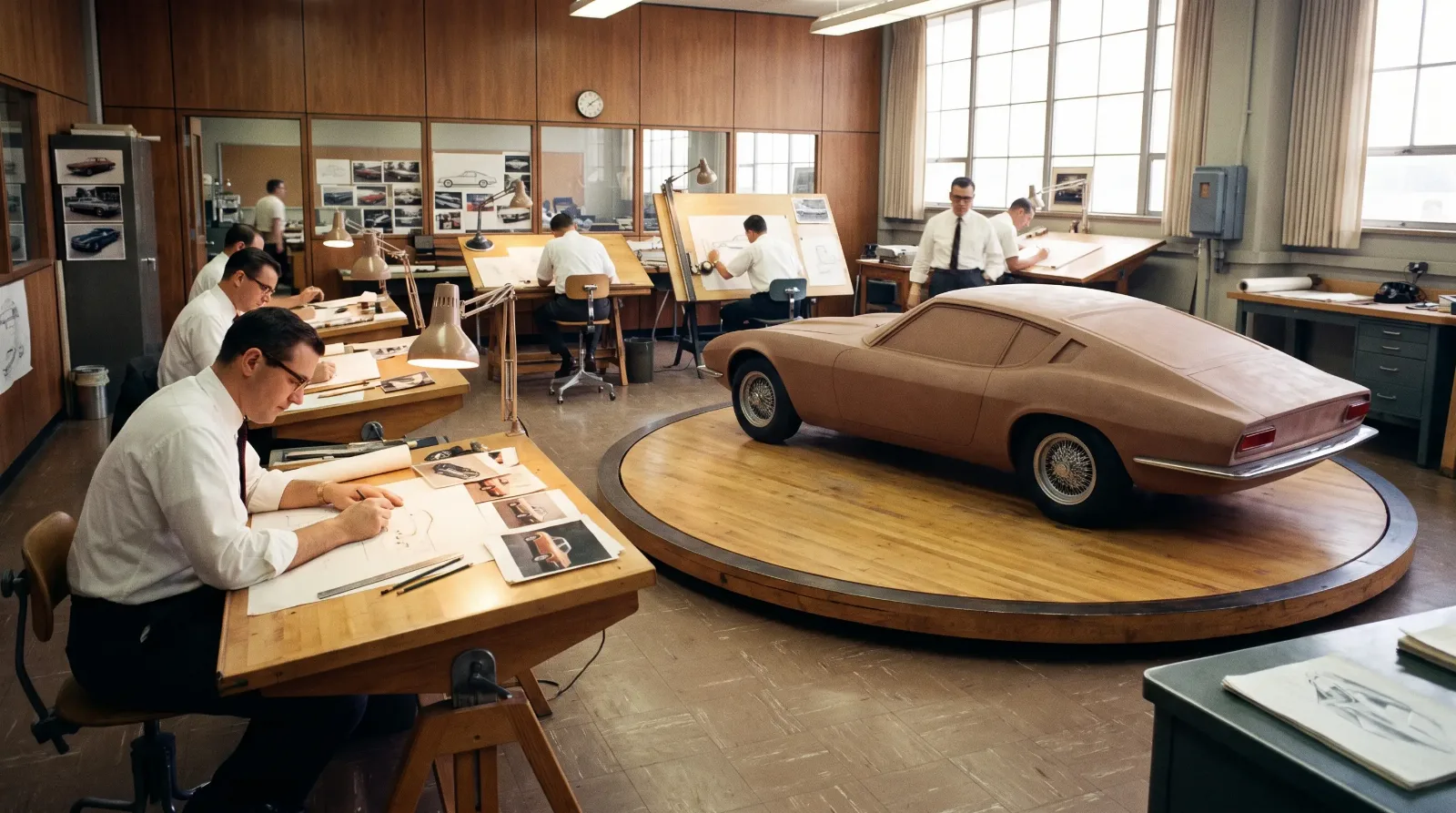 1960s automotive design studio with a clay model