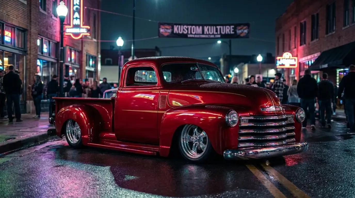 A slammed, chopped custom hot-rod classic pickup with candy paint, lowered to the ground at a nighttime urban kustom car show