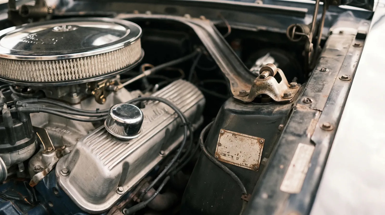 Classic Shelby Mustang engine bay and identification plate