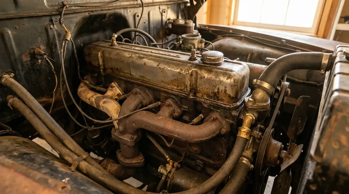 Long inline-six-cylinder engine mounted lengthwise in the tall, narrow engine bay of a classic pickup truck, its single straight bank of cylinders under one valve cover clearly distinct from a V8