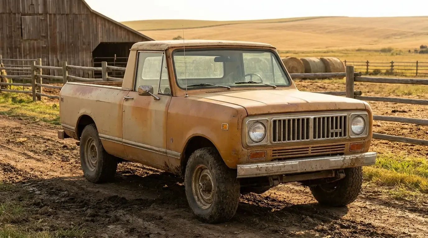 Boxy vintage International-Harvester-style Scout-type 4x4 utility truck parked on a dirt ranch road with a barn and farmland in golden light