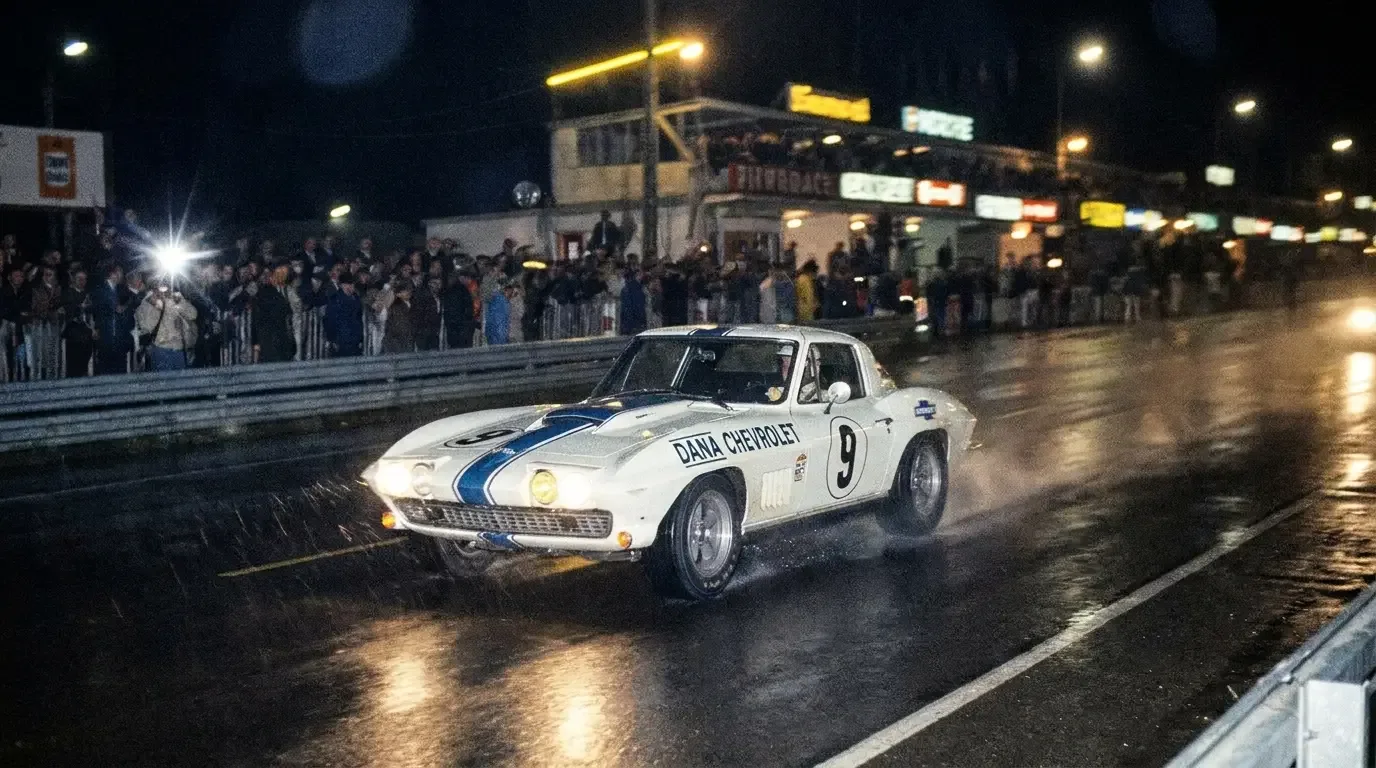 The 1967 Chevrolet Corvette L88 race car number 9 under the Dana Chevrolet banner racing at Circuit de la Sarthe Le Mans at night with track lighting