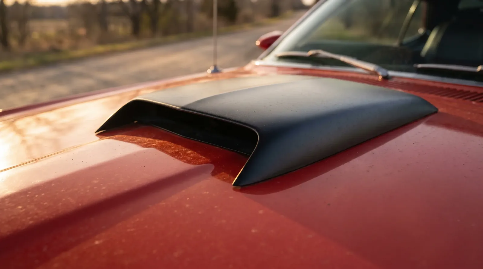 Matte black shaker hood scoop on a Mustang Mach 1