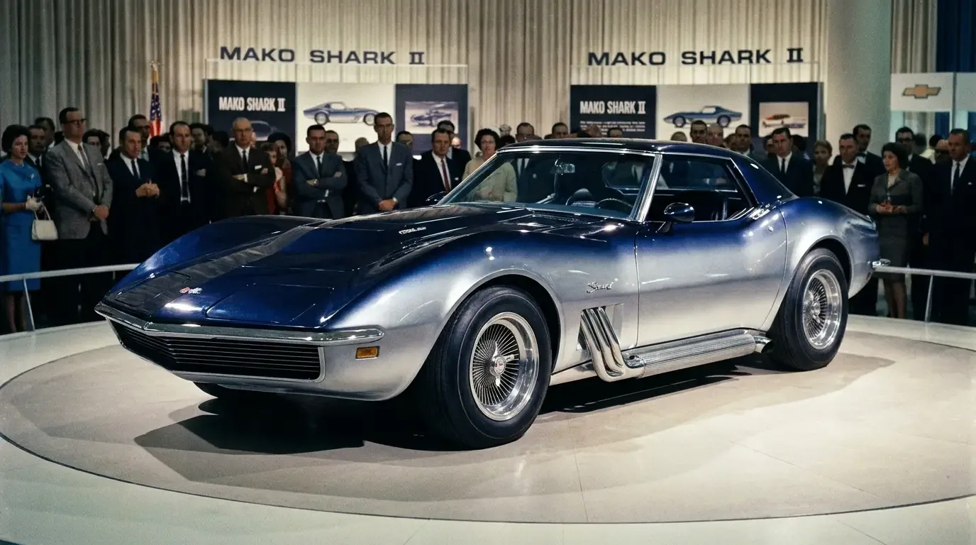 The 1965 Mako Shark II Corvette concept car at an auto show, displaying its iconic dark blue-to-silver gradient paint scheme inspired by Bill Mitchell's mounted mako shark