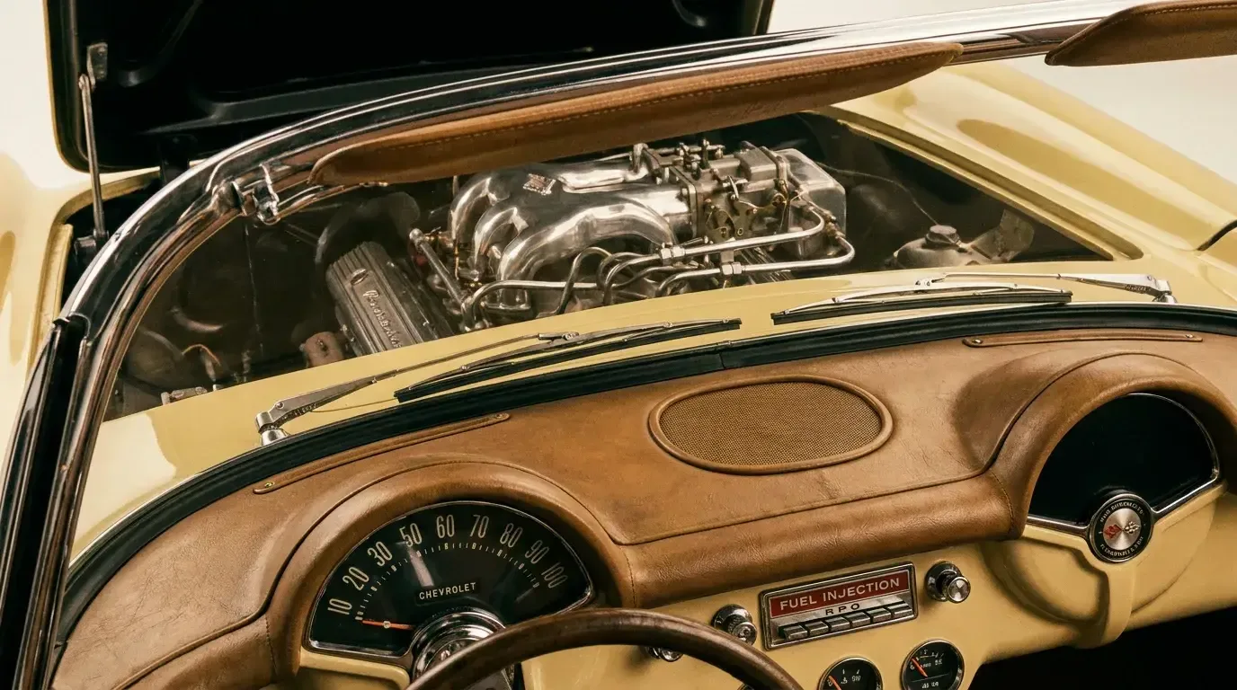 Close-up of the Rochester Ramjet mechanical fuel injection system on a 1957 Chevrolet Corvette, the pioneering RPO option that established the fuelie legend