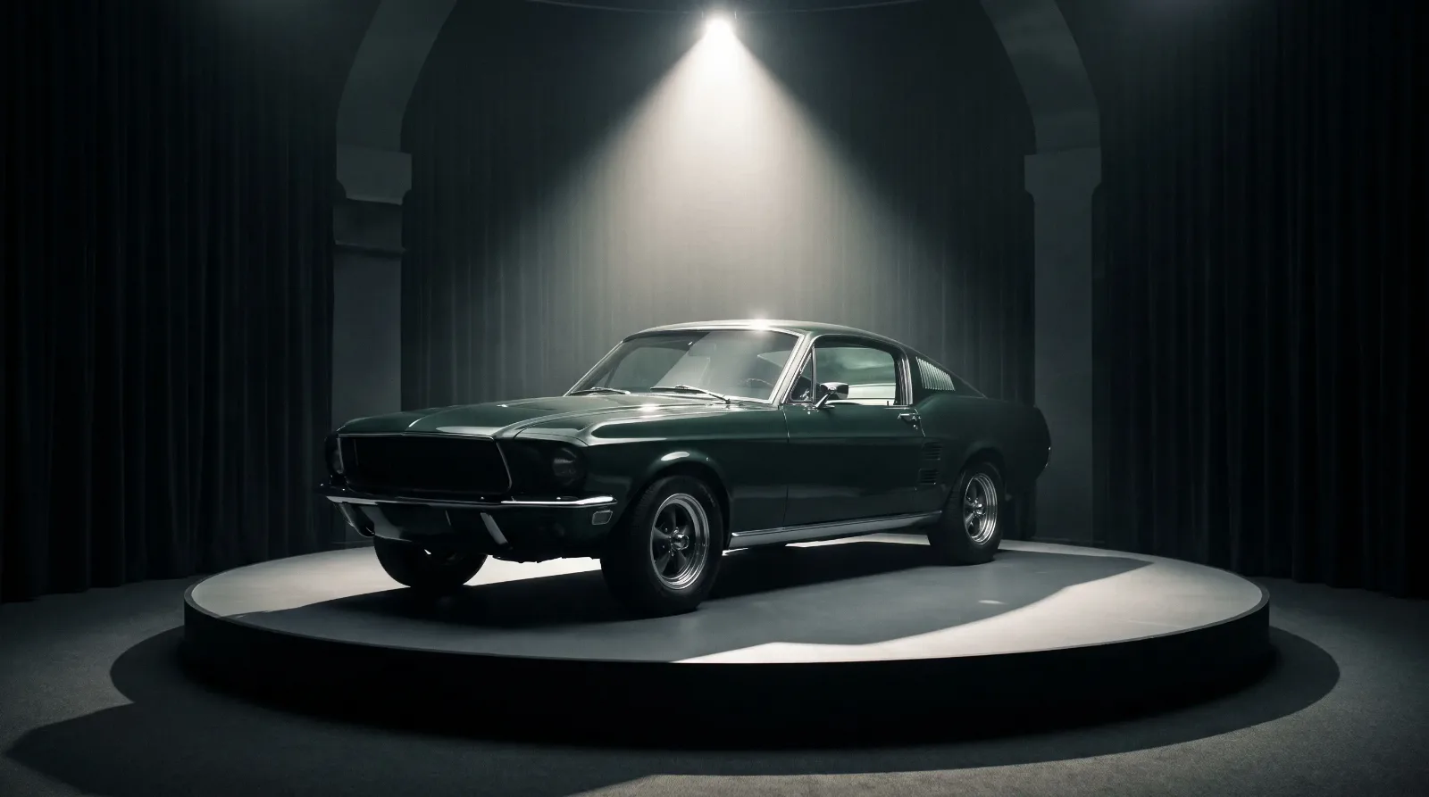 Iconic classic Ford Mustang fastback under a spotlight