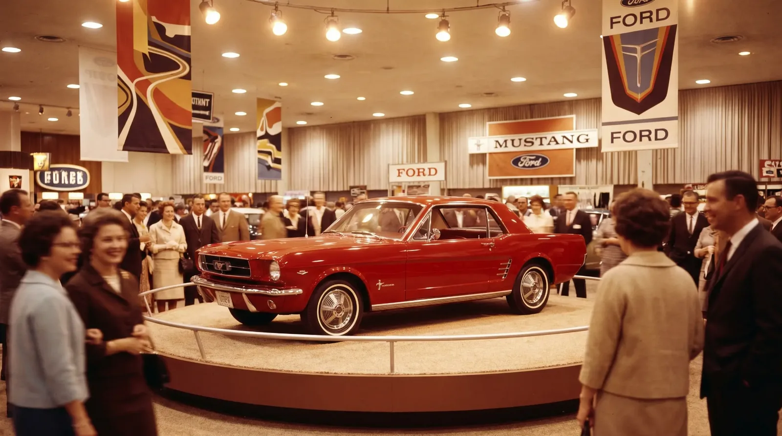 Red 1964 Ford Mustang on an auto show display stand